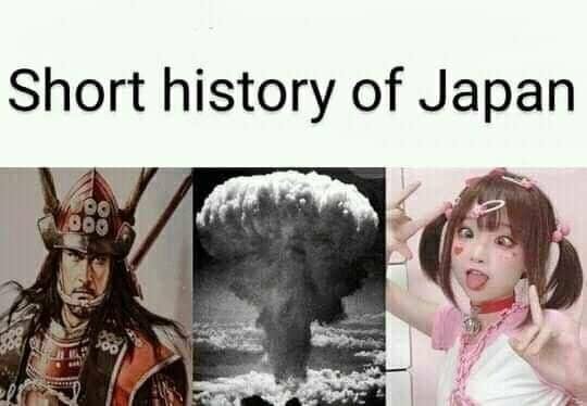 Text "Short history of Japan" med tre bilder under: en samuraj, en atombombsexplosion och en person i cosplay.