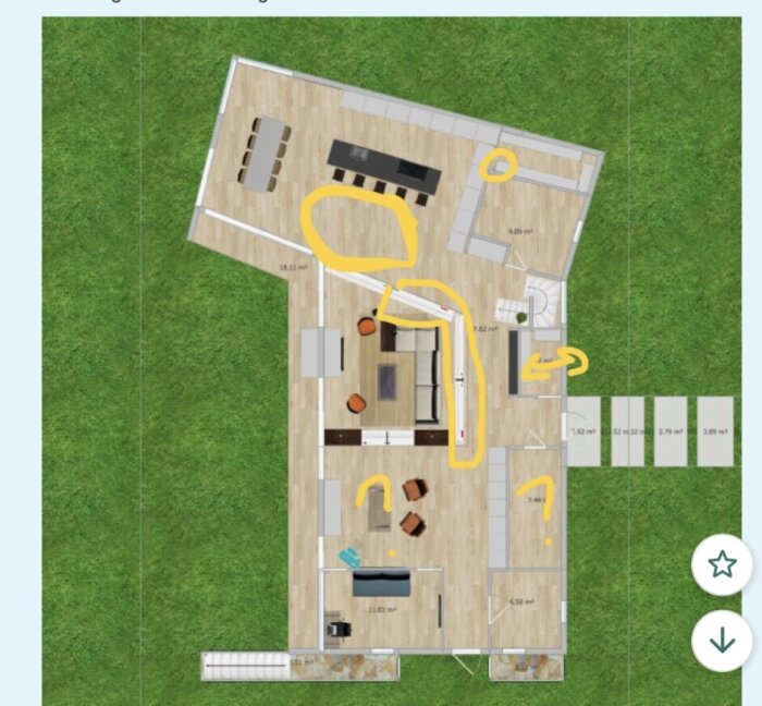 Planlösning för ett hus med markerade områden i gult som verkar ifrågasatta, exempelvis köksö och andra utrymmen. Trappor, matsal och allrum är utmärkta.