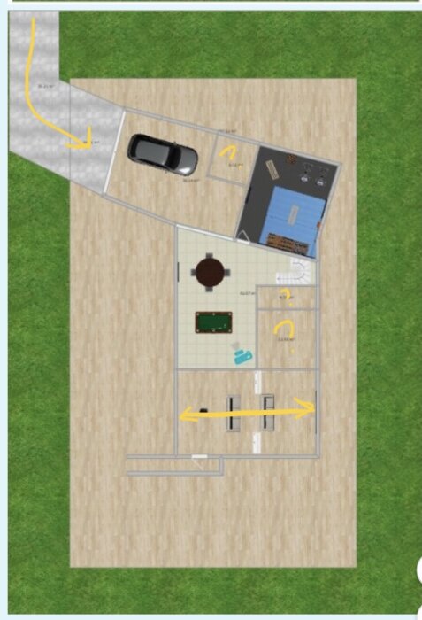 Planritning av ett flerplanshus med garage, gym, allrum med biljardbord, matplats och flera oidentifierade utrymmen markerade med gula pilar.