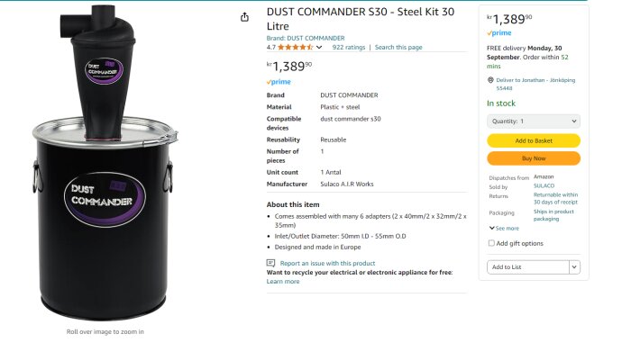 DUST COMMANDER S30 cyclonic separator kit displayed on Amazon with a price of 1,389.90 SEK. Comes with several adapters and reusable. 30-liter steel container.