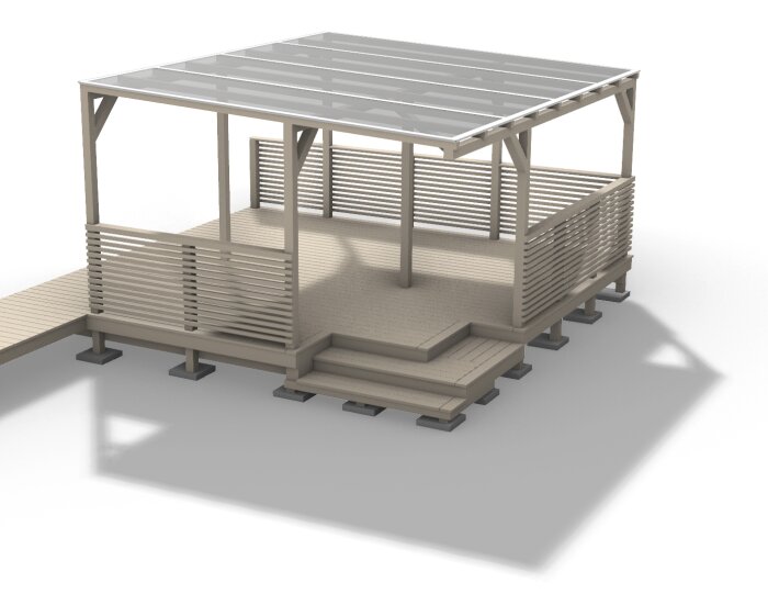 En digital modell av ett uterum med tak av plast eller glas och spaljéväggar, byggt på en upphöjd trall med trappsteg och plintar som fundament.