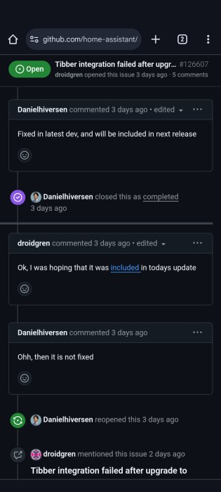 Skärmbild av en diskussion på GitHub angående en misslyckad Tibber-integration, där användare diskuterar om en fix har inkluderats i en uppdatering.