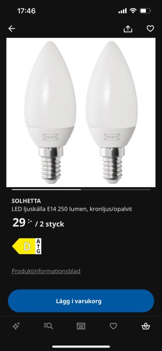 Skärmdump av IKEA-produktsida för SOLHETTA LED ljuskälla E14, 250 lumen, kronljus/opalvit, 29 kr för 2 stycken, med energimärkning D.