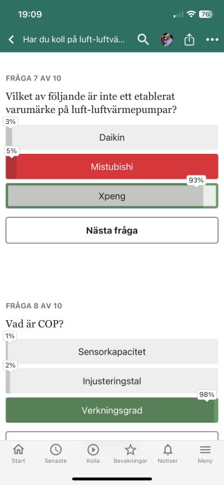 Quiz om luft-luftvärmepumpar med frågor om etablerade varumärken och COP-värde, med svarsalternativ och procentuella fördelningar, samt en knapp för att gå till nästa fråga.