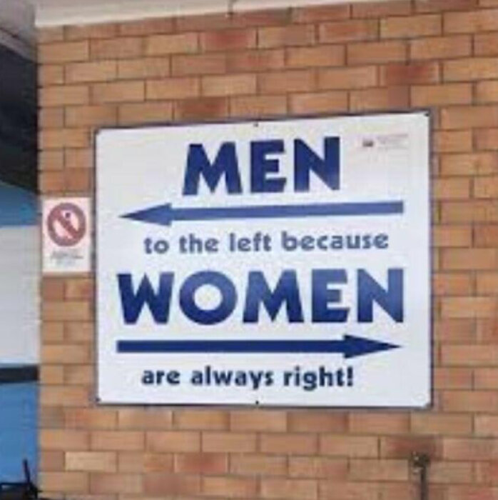 Skylt på tegelvägg som visar väg till toaletter, för män till vänster och kvinnor till höger, med texten: "MEN to the left because WOMEN are always right!