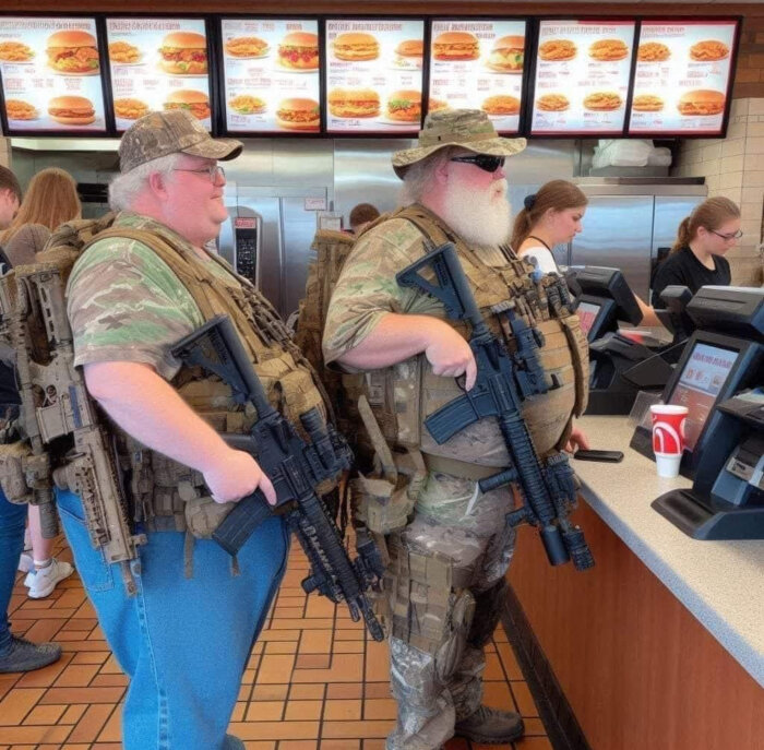 Två personer i kamouflagekläder och militärutrustning står vid disken på en snabbmatsrestaurang.