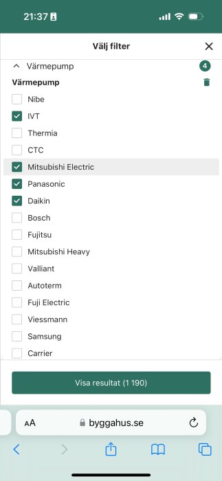 Bild av filtreringsalternativ för luft/luftvärmepumpar på en webbplats, med varumärken som IVT, Mitsubishi Electric, Panasonic och Daikin markerade.