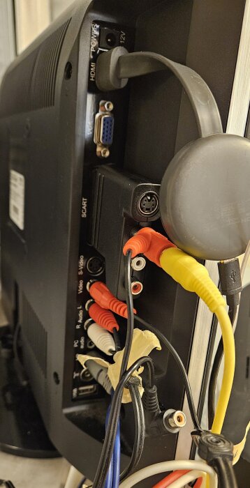 Baksidan på en TV med diverse kablar anslutna, inklusive RCA, HDMI, och SCART. En Chromecast är också ansluten via HDMI, och en USB-kabel är inkopplad.
