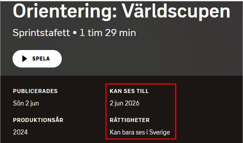 Orientering: Världscupen Sprintstafett med en längd av 1 tim 29 min, publicerad 2 juni, kan ses till 2 juni 2026, och kan bara ses i Sverige.