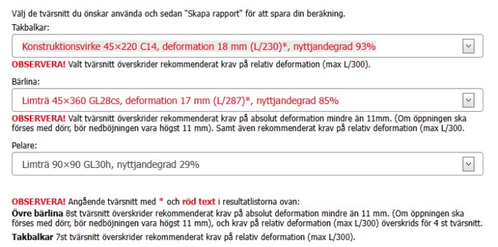 Skärmdump från byggberäkningsprogram som visar deformation och nyttjandegrad för olika tvärsnitt av takkonstruktion och bärlinor, med flera felmeddelanden.