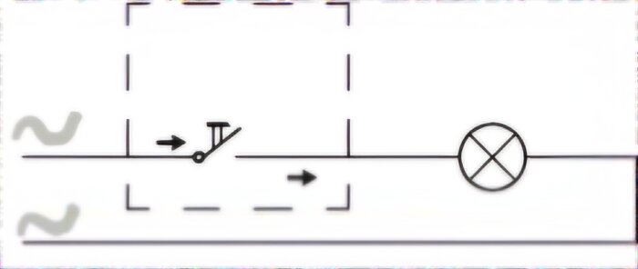 El-schema som visar en öppen strömbrytare i en krets mellan en växelströmssymbol och en glödlampa.