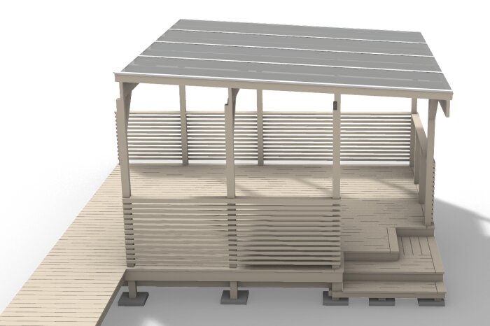 3D-modell av träterrass med tak, tre pelare och asymmetrisk trappa.