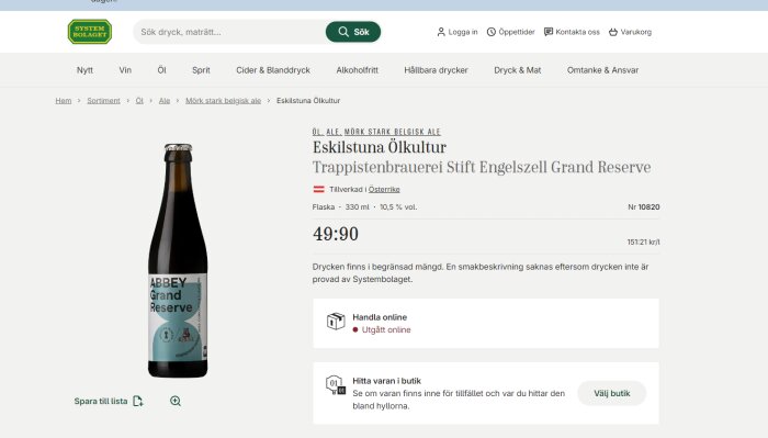 En webbsida på Systembolaget med en bild av en flaska "Eskilstuna Ölkultur Trappistenbrauerei Stift Engelszell Grand Reserve" mörk stark belgisk ale.