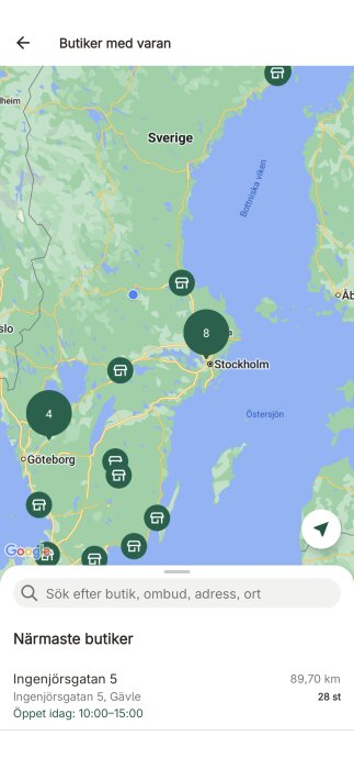 Karta över Sverige som visar butiker som har en specifik vara i lager, med närmaste butik i Gävle listad längst ned.
