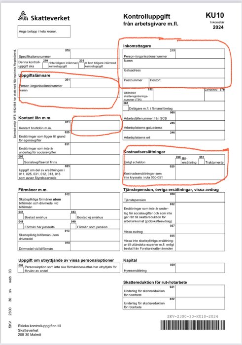 Bild på ett formulär för kontrolluppgift från Skatteverket, med fält för inkomsttagare, kontant lön, kostnadsersättningar, förmåner samt andra ekonomiska uppgifter.