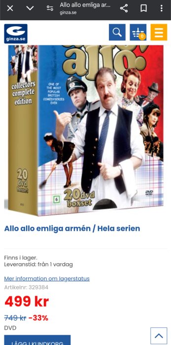 DVD-boxset av "Allo allo emliga armén" som visas på Ginza.se för 499 kr med 33% rabatt från originalpriset 749 kr.