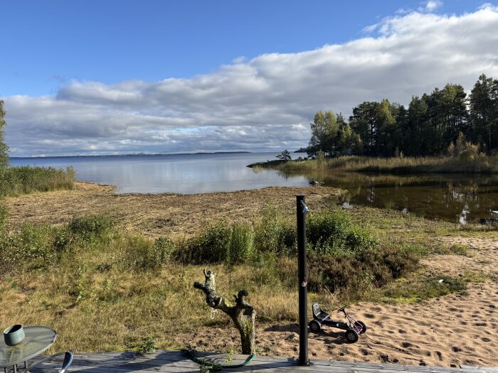 Strand med klippt vass vid en sjö, låg vattennivå, omgivande vegetation, leksaksbil på sanden, molnig himmel och skog i bakgrunden.