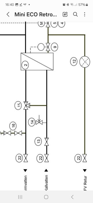 Diagram över ett VVS-system visar blandningsventil (markerad som 15) och röranslutningar för varmvatten och kallvatten.