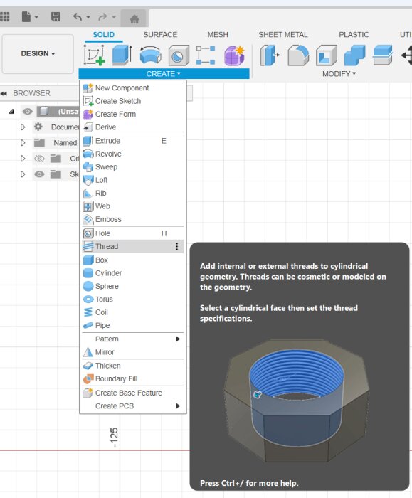 Skärmdump av Fusion 360 som visar menyn "Create" med alternativ och instruktioner för att lägga till gängor till cylindrisk geometri.