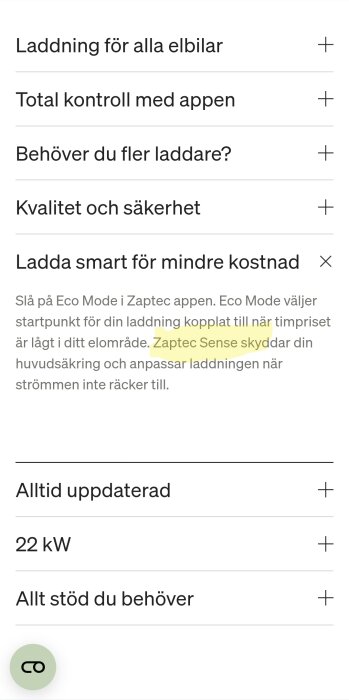 Bild av en Zaptec Go-beskrivning med text om laddning för elbilar, kontroll med appen, fler laddare, kvalitet och säkerhet samt Zaptec Sense för lastbalansering.