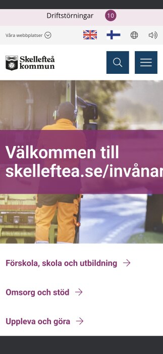 Startsida för Skellefteå kommuns webbplats med rubriken "Välkommen till skelleftea.se/invanare" och länkar till "Förskola, skola och utbildning", "Omsorg och stöd" och "Uppleva och göra".