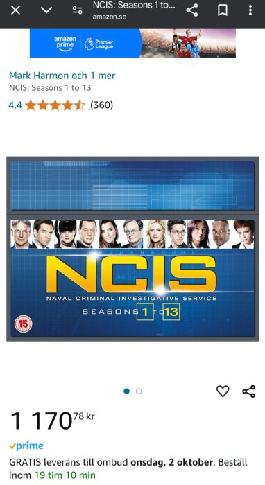 Boxset av NCIS säsonger 1 till 13 med omslagsbild som visar olika karaktärer från serien, tillgänglig på Amazon.se för 1 170,78 kr.