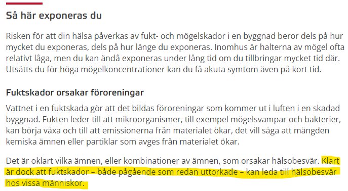 Text från Boverkets hemsida som beskriver hur fukt- och mögelskador påverkar hälsan, med markerad text om att även torkade skador kan leda till hälsoproblem.