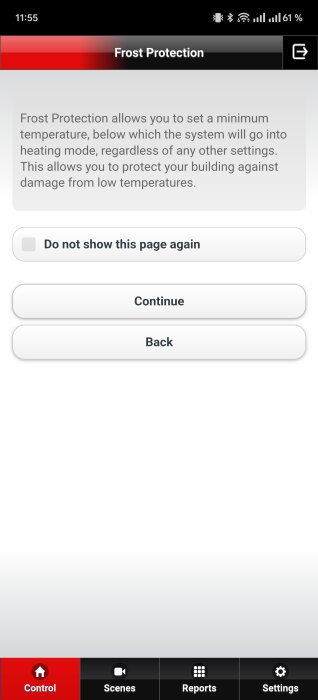 Inställningsskärm för frostskydd med meddelande om minsta temperatur och val att gå vidare, inte visa sidan igen eller gå tillbaka.