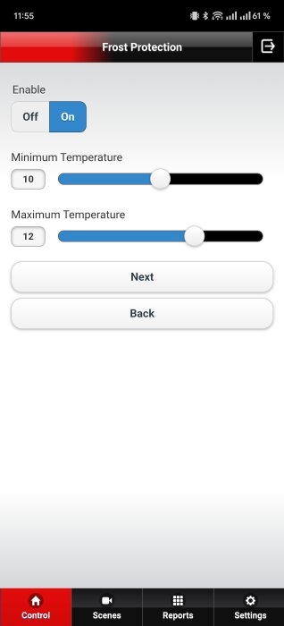 Inställning för frostskydd på en skärm med reglage för minsta temperatur inställt på 10 grader och högsta temperatur på 12 grader.