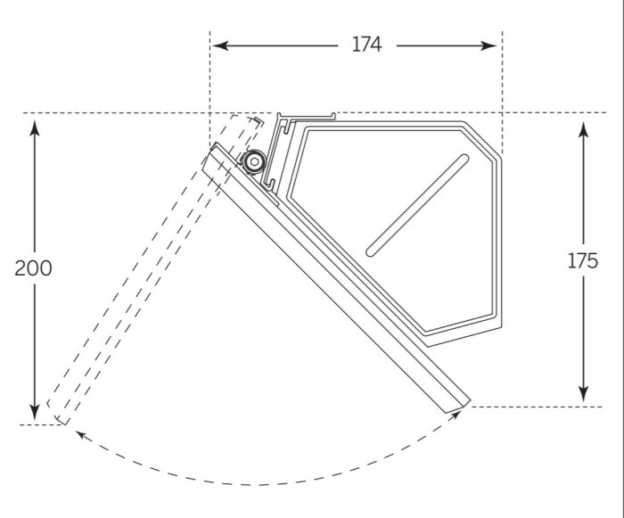 Ritning som visar mått och öppningsvinkel för ett hörnskåp från Macro Design. Skåpet öppnar 200 mm och har måtten 174 mm i bredd och 175 mm i höjd.