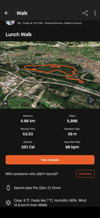 Satellitkarta av en promenadsträcka i Avesta kommun, Dalarna län, markerad i orange med detaljer om distans, steg, tid, höjdökning, kalorier och hjärtfrekvens.