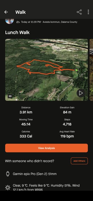 Tredimensionell karta av en promenad på 3,91 km i Avesta kommun med höjdökning på 84 meter och 4 718 steg. Temperaturen är 9°C med 51% luftfuktighet.