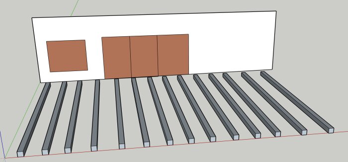 Illustration av träbjälkar som är placerade parallellt från en vägg, med avsikt att bygga en trätrall på en balkong med en yta av 12 kvm.