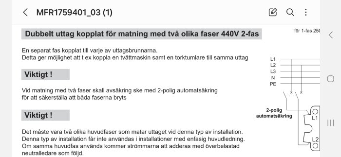 Montageanvisning för dubbeluttag kopplat till två olika faser (440V 2-fas), med instruktioner och varningar för korrekt installation och användning.