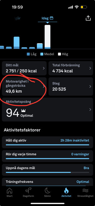 Skärmdump av aktivitetsapp, visar olika mätvärden inklusive 49,6 km motsvarighet i gångsträcka, 20 525 steg och 4 734 kcal total förbränning.