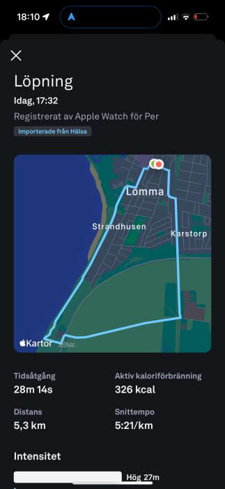 Skärmbild av löprunda loggad på en Apple Watch, visar karta över Lomma och statistik: 5,3 km på 28m 14s, 326 kcal, snittempo 5:21/km.