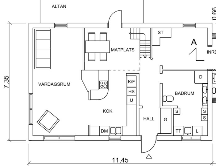 Planritning av ett hus som visar vardagsrum, matplats, kök, hall, badrum och altan. Balkar är tillagda för att illustrera konstruktionen.