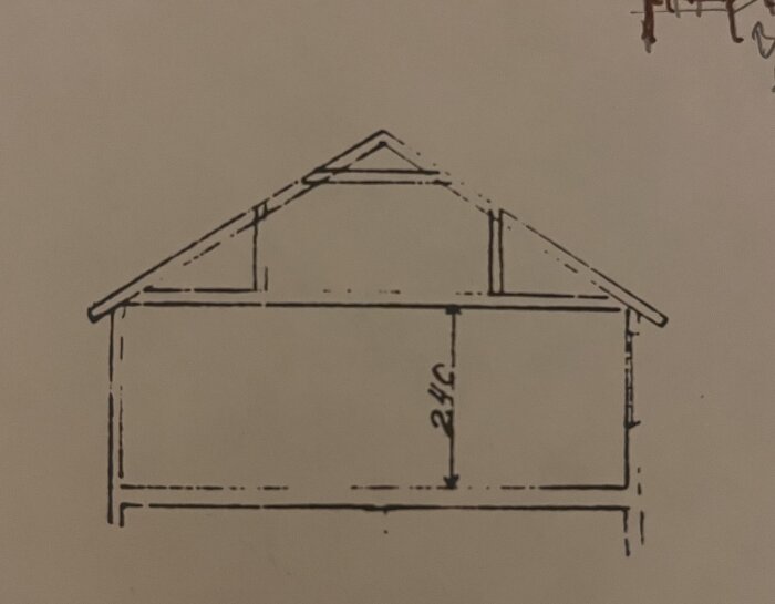 Digital sektionsritning av ett hus med en pil som markerar öppet uppåt och en markering på 240 cm invändig höjd.