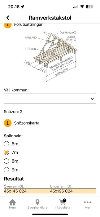 Byggritning av en ramverkstakstol med märkningar av innervägg i mitten, hanband, stödbensplacering och olika måttangivelser samt ett snözonval.