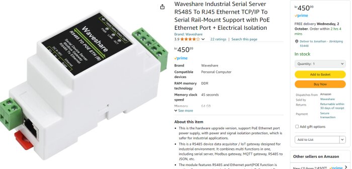 Waveshare industriell seriell server RS485 till RJ45 Ethernet konverterare, PoE-stöd, för inbyggnad på hattskena, produktbild och produktspecifikationer från Amazon.