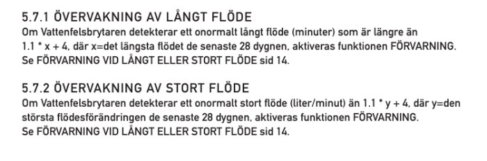 Manualinstruktioner för övervakning av långt och stort flöde med vattenfelsbrytare, med formler som aktiverar förvarning om onormala flöden upptäcks.