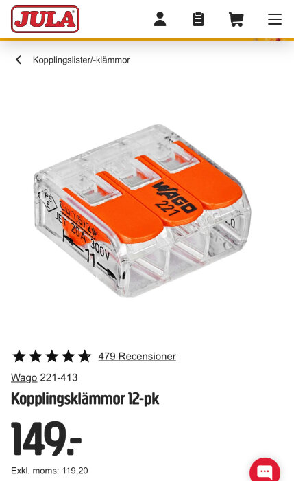 Produktsida för Jula kopplingsklämmor 12-pack, Wago 221-413, med pris 149 kr och 479 recensioner, betyg 4,9 stjärnor.