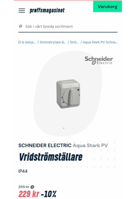 Skärmdump från Proffsmagasinet som visar en Schneider Electric vridströmställare till rabatterat pris.