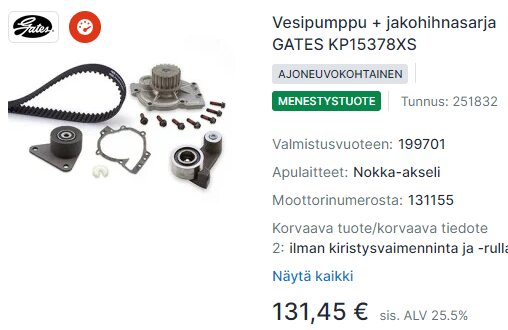 Bild av ett GATES kamremskitt inklusive vattenpump, bultar, tätning och spännrullar, listade på en webbshop med ett pris på 131,45 € och ytterligare produktinformation.