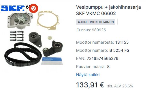 Bild på kamremskitt från SKF inklusive rem, vattenpump, rullar och packning. Annonsen visar priset 133,91 € samt detaljer som produktnummer och motornummer.