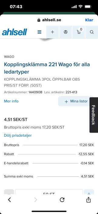 Produktbeskrivning för Wago kopplingsklämma 221 på Ahlsell.se visar pris, rabatt och bruttokostnad för en förpackning om 50 stycken kopplingsklämmor.