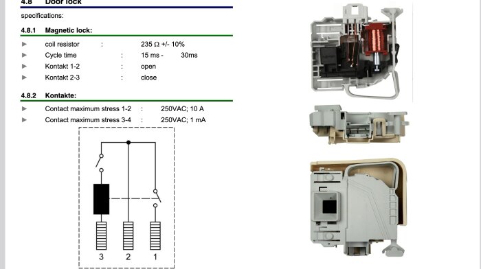 Servicemanual för en dörrlåsmekanism med specifikationer och bilder av de interna komponenterna samt en schematisk ritning av de elektriska kontakterna.