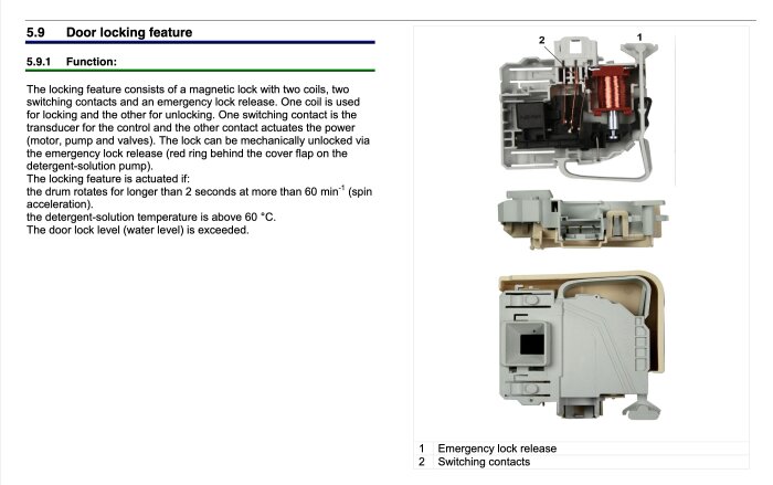 Servicemanual för en maskin visar delar av dörrlås, inklusive nödöppning och brytarkontakter, tillsammans med textbeskrivning.