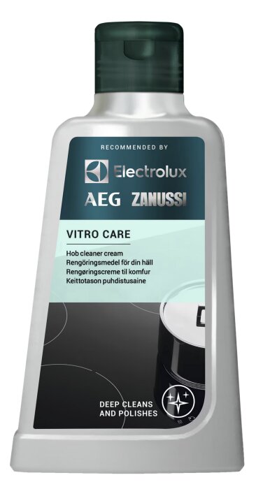 Flaska med Electrolux Vitro Care, ett rengöringsmedel för keramikhällar, märkt "recommended by Electrolux, AEG, Zanussi" och "deep cleans and polishes".