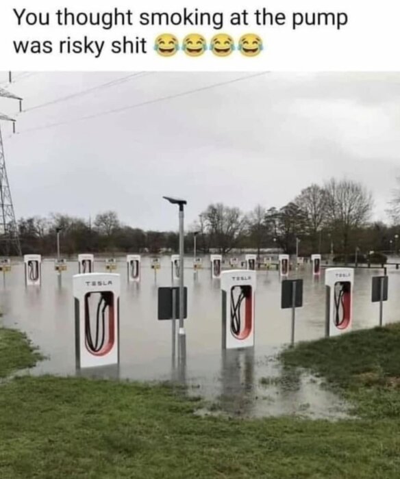 Översvämmad Tesla-laddningsstation där laddningsstolpar står i vatten, med texten "You thought smoking at the pump was risky shit" följt av skrattande emojier.